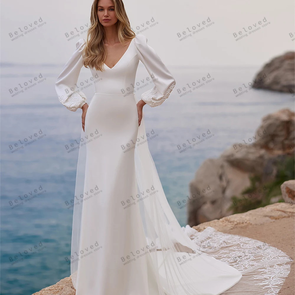 

Glamorous Wedding Dresses Satin Bridal Gowns Lace Appliques V Neck Full Sleeves Mermaid Vintage Vestidos De Novia Customized