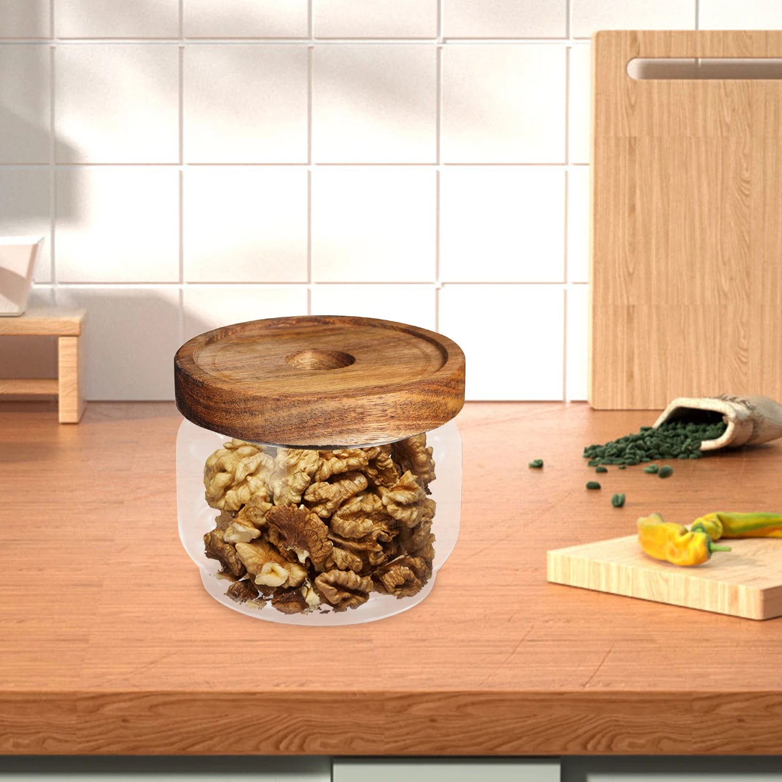 

1Pcs Glass Food Storage Jar with Beech Lid Sealed Container for Kitchen Tea Candy Grains Wooden Cover Glass Jar