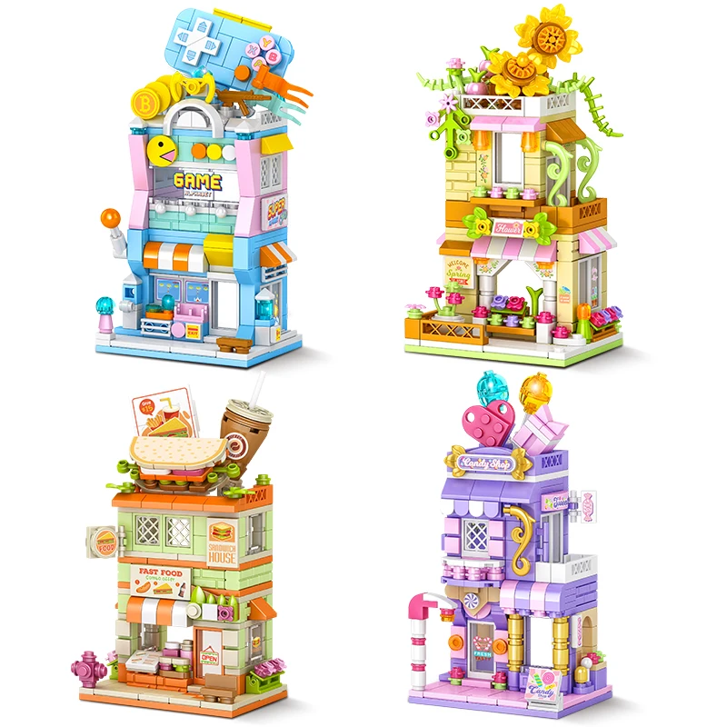 City Street View Building Block Set DIY Ice Cream Coffee Flower Shop Model Building Toy Ideal for Home Decor and Holiday Gifts