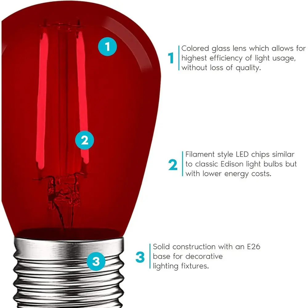 Pacote com 12 lâmpadas LED vermelhas de 0,5 W para luzes de corda externas/internas, base E26, ideais para decorações e feriados