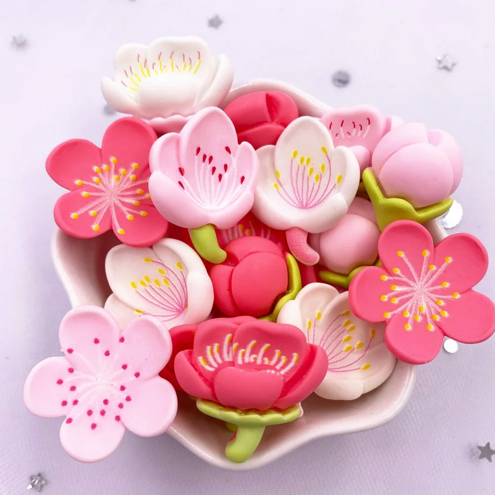 10PCS Resin Kawaii Colorful Painted Cherry Blossoms Flatback Stone Scrapbook Figurine DIY Decor Home Accessories Crafts M131