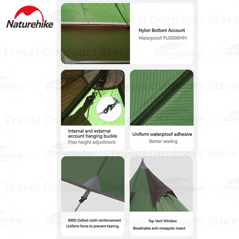 Naturehike Spire tenda kanopi nilon 20D 380T, tenda berkemah 4 ㎡ ruang besar luar ruangan portabel 1 orang PU2000mm mendaki pantai