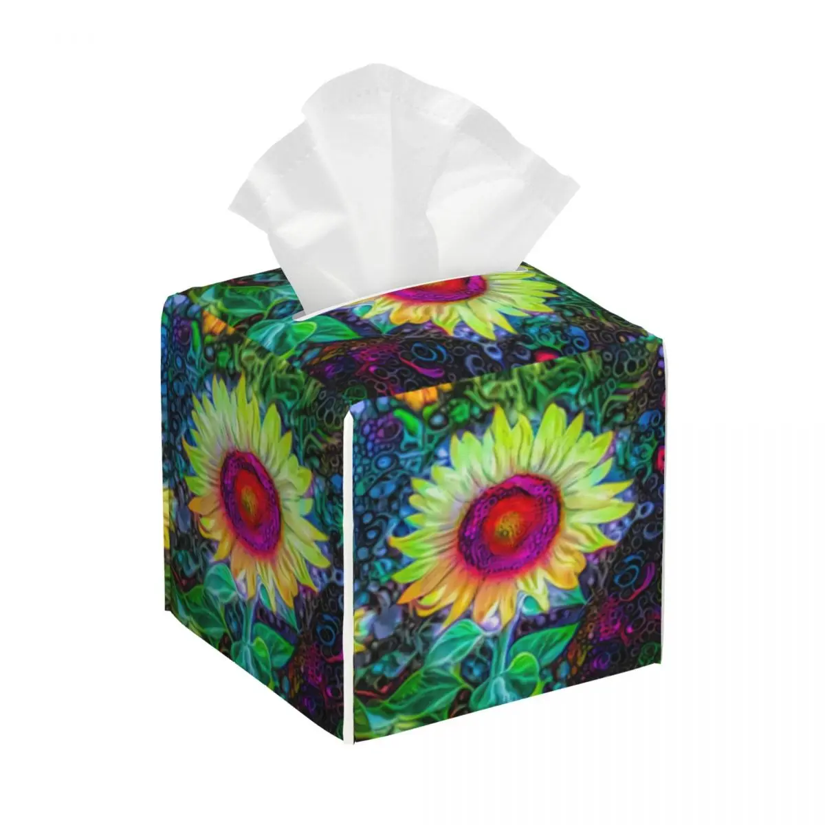 Custom Colorful Sunflowers Tissue Box Cover Square PU Leather Floral Flower Facial Tissues Holder for Car