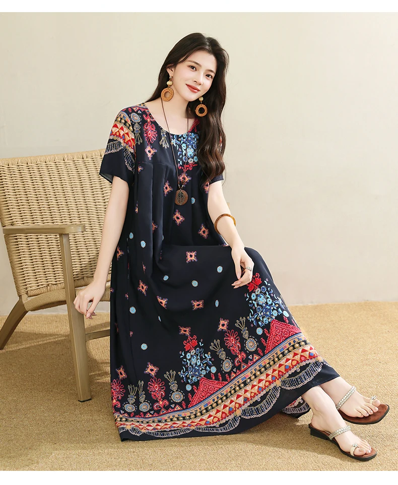 New 2025 Summer Dress For Women Plus Size Dress Casual Short Sleeve Boho Vintage Print Long Maxi Dress Beach Women Clothing