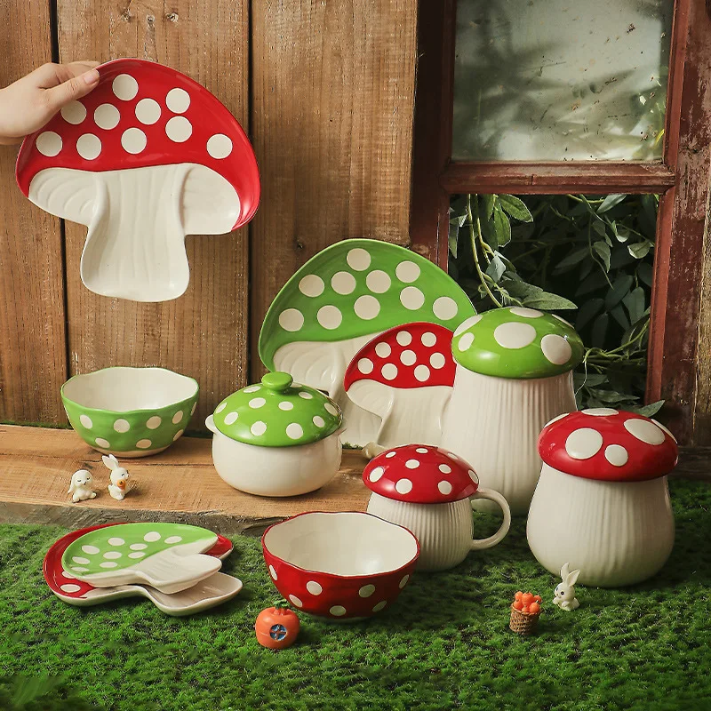 Embossed Mushroom Tableware Set Cute Children's Rice Bowl Ceramic Mug Kitchen Storage Jar Dinner Fine Dining Plate Noodle Bowl