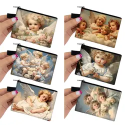 Oil Painting Angel Baby Print Coin Purses Women Angel Small Wallet Zipper Pouch Money ID Credit Card Keychain Holder Coin Bag