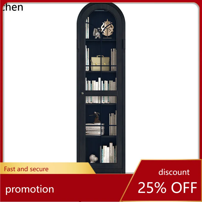 

CZ Arched Bookcase Solid Wood Black Vintage Living Room Wall-mounted Storage Cabinet with Glass Door and Shelves