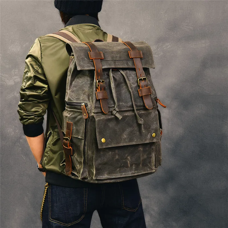 Vintage Luxury Canvas Genuine Leather Men's Large-capacity Backpack Outdoor Travel Crazy Horse Cowhide Waterproof Schoolbag