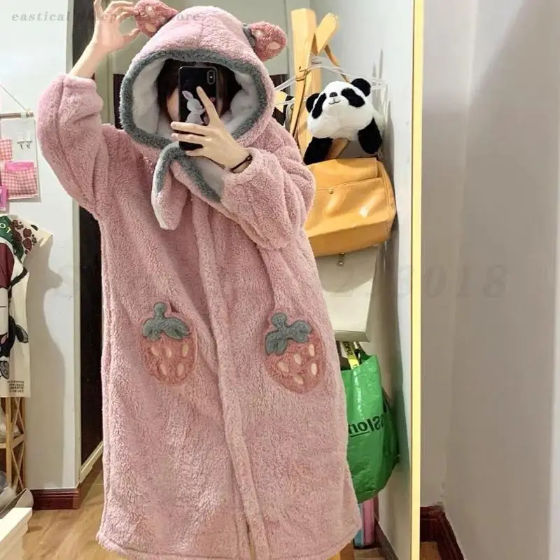 

Thick Warm Hooded Nightgown Cute Strawberry Coral Fleece Sleepwear Loose Casual Nightdress Winter Flannel Robe Bathrobe Gown