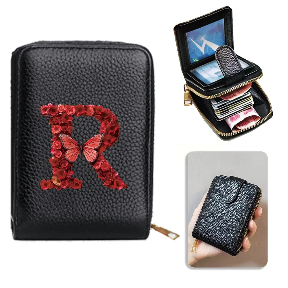 Women Wallet Vintage Zippered Card Holder Multi-Card Slots Leather Coin Purse Red Rose Pattern Coin Clip Bag Money Clip