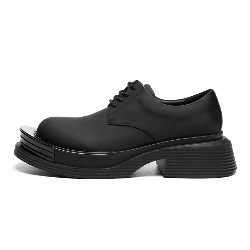 Black Cowhide Thick Soled Height Increasing Shoes for Men Sandwich Design Derby Shoes Comfortable Breathable Casual Leather Shoe