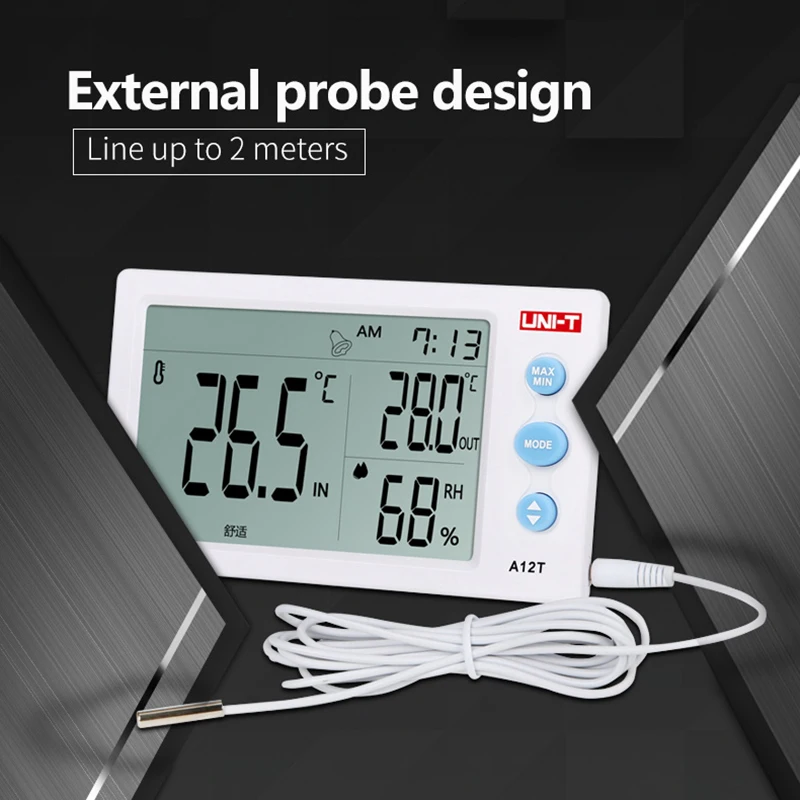 UNI-T A12T الرقمية LCD ميزان الحرارة رطوبة درجة الحرارة الرطوبة متر المنبه محطة الطقس داخلي في الهواء الطلق أداة