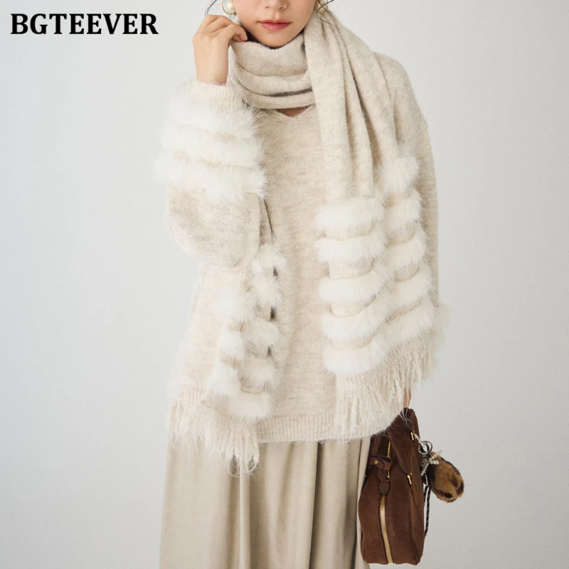 

BGTEEVER Элегантный свободный женский комплект из 2 предметов, толстый теплый шарф и пуловер с v-образным вырезом и длинными рукавами, свитера, осенне-зимний трикотаж
