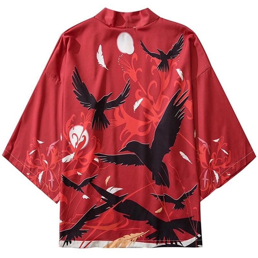 Evil Crow Print Japanese Kimono Fashion New Men's Three-quarter Sleeve Cardigan Casual Comfortable Men's Tops Loose Men's Cardig