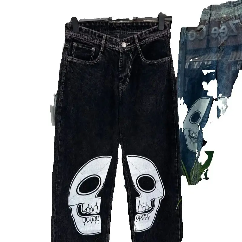 

New American Retro Devil Skull Fashionable Loose Jeans Men Street Hip-hop Harajuku Y2K Casual Straight Wide-leg Pants Women