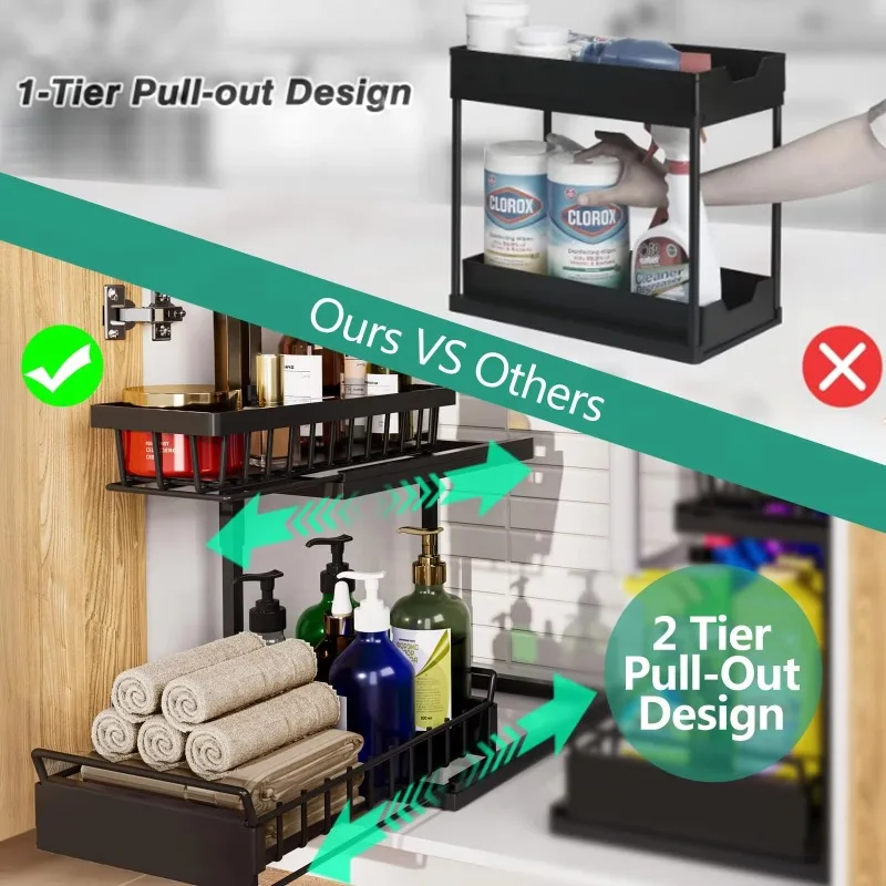 2 Tier Under Sink Organizer and Storage Basket,Slide Out Under Cabinet Organizer Shelf,Multi-Purpose Pull Out Drawer Cabinet