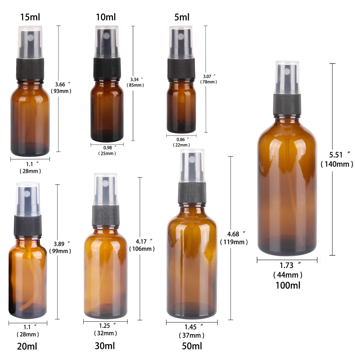 6/12/24pcs 5ml/10ml/15ml/20ml/30ml/50ml/100ml Amber Glass Spray Refillable Bottles with Mist Sprayer for Perfume Essential Oils