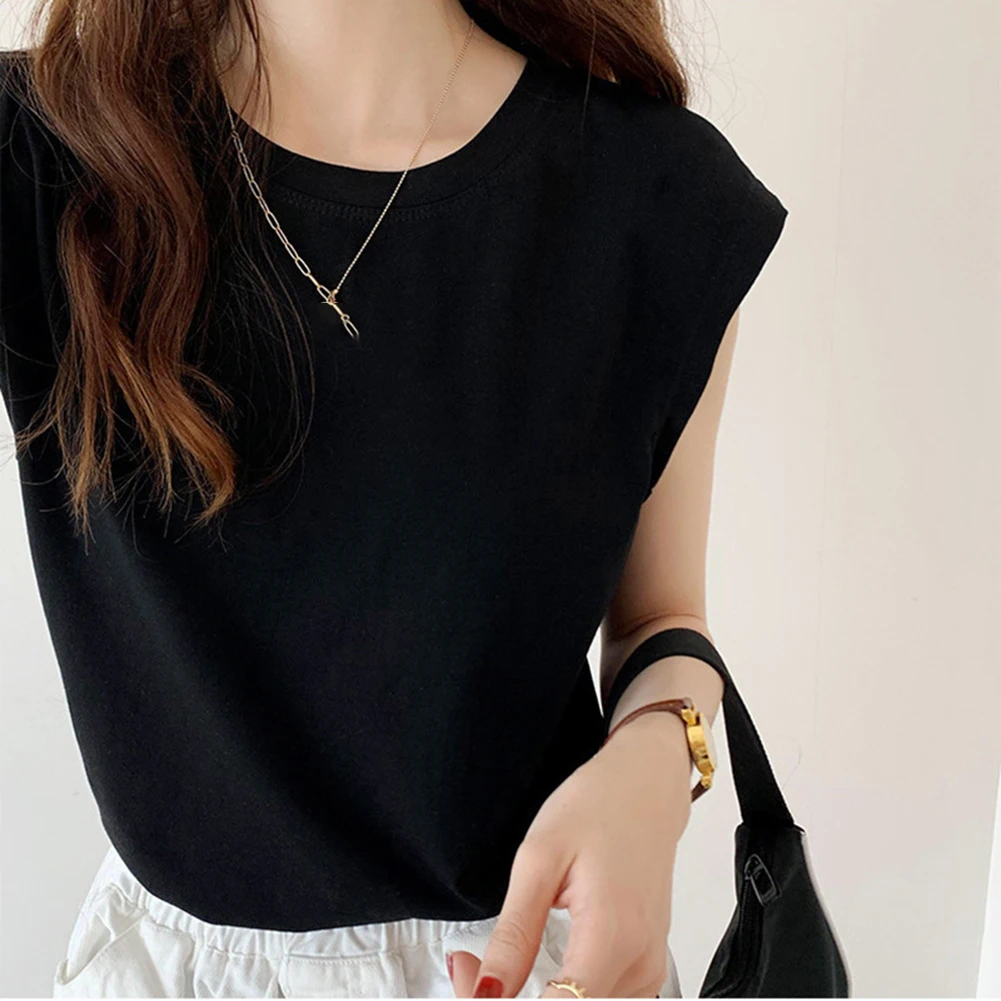 

Solid Color Sleeveless T-shirt Casual Top Round Neck Top As Pictures Show Casual T-Shirt Four Seasons Wear Slight Stretch Fabric
