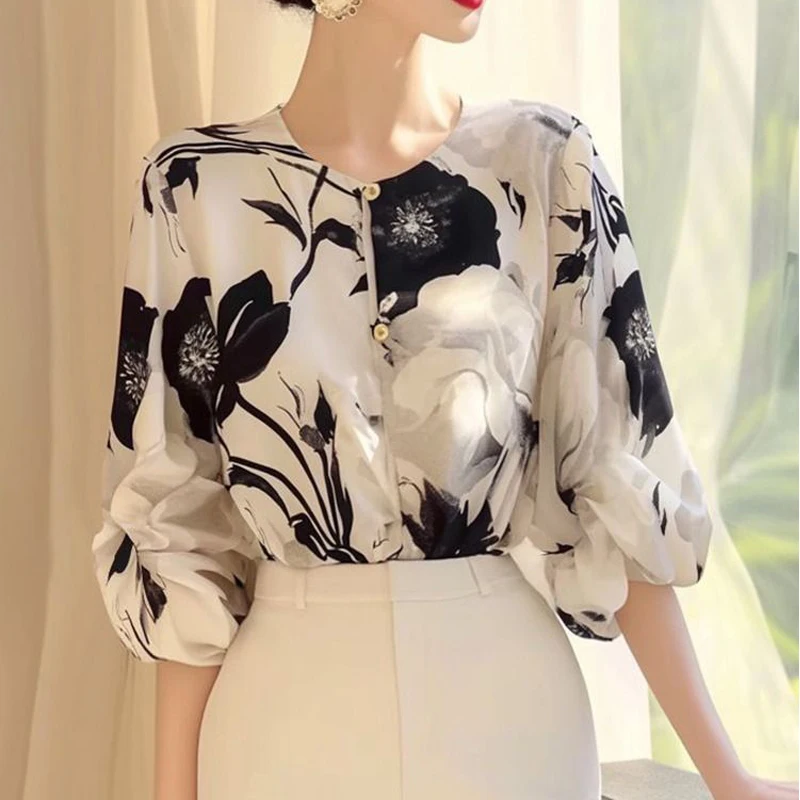 Women\'s Summer Fashion Floral Printed Luxury Blouse Office Lady Elegant Chic Business Casual Shirt O Neck Half Sleeve Loose Tops