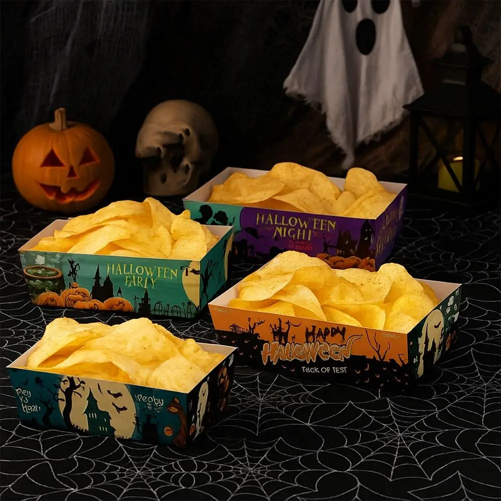 12pcs Tableware Rectangular Halloween Party Tray Pumpkin Sturdy Snack Paper Boxes Ghost Bat Cookie Tray Festival