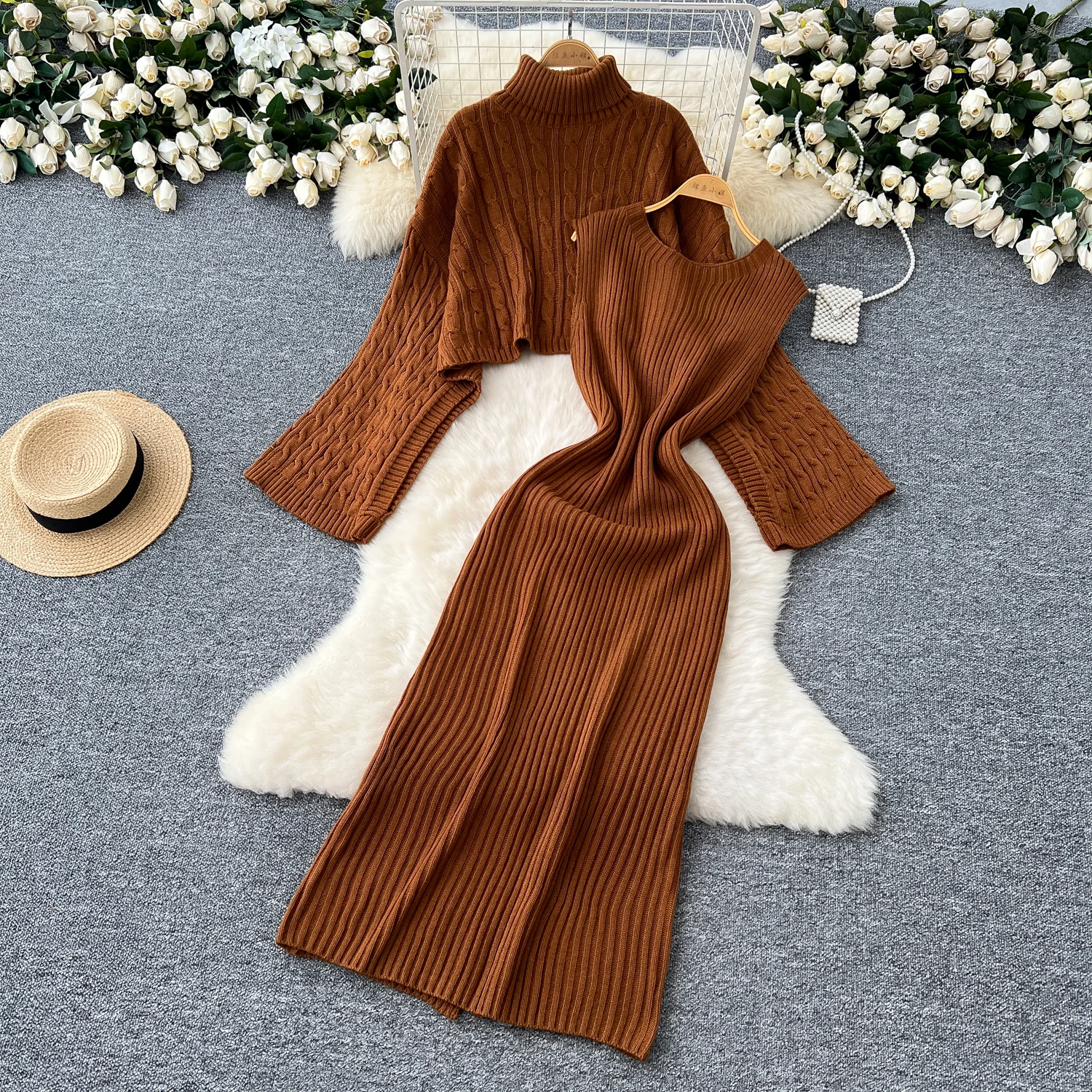 

Chic vintage Knit slim solid Pullover dress Elegant Fairy korean fashion autumn winter women clothing dress Two Piece Set