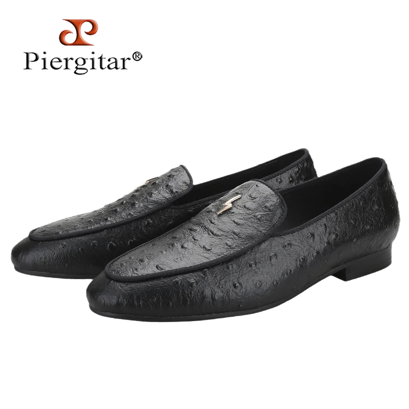 Piergitar Black/Ivory Colors Ostrich Grain Vegetable Tanned Leather Men's Loafers GZ Brand Same Style Lightning Buckles Slippers