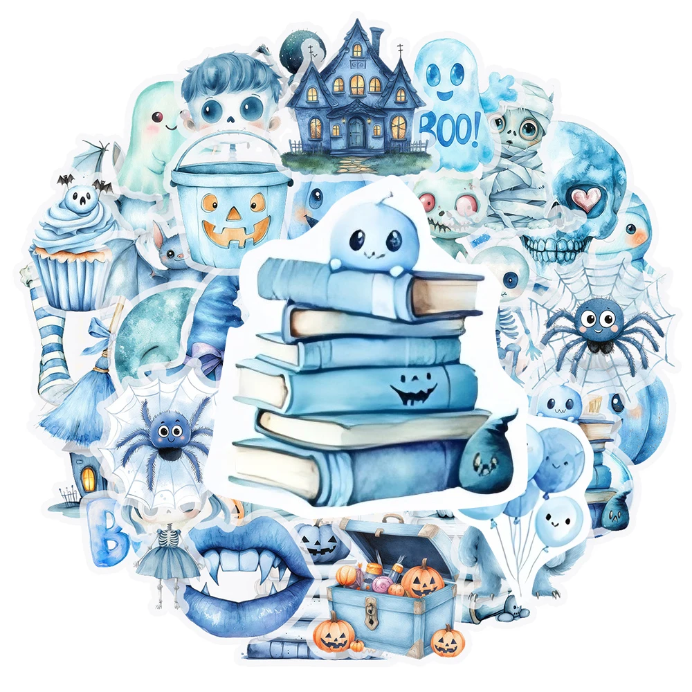 10/30/50pcs Simpatico Cartone Animato Blu Halloween Adesivi Kawaii Fantasma Teschio Decalcomanie per Moto Telefono Valigia PET Adesivo Divertimento per Il Giocattolo