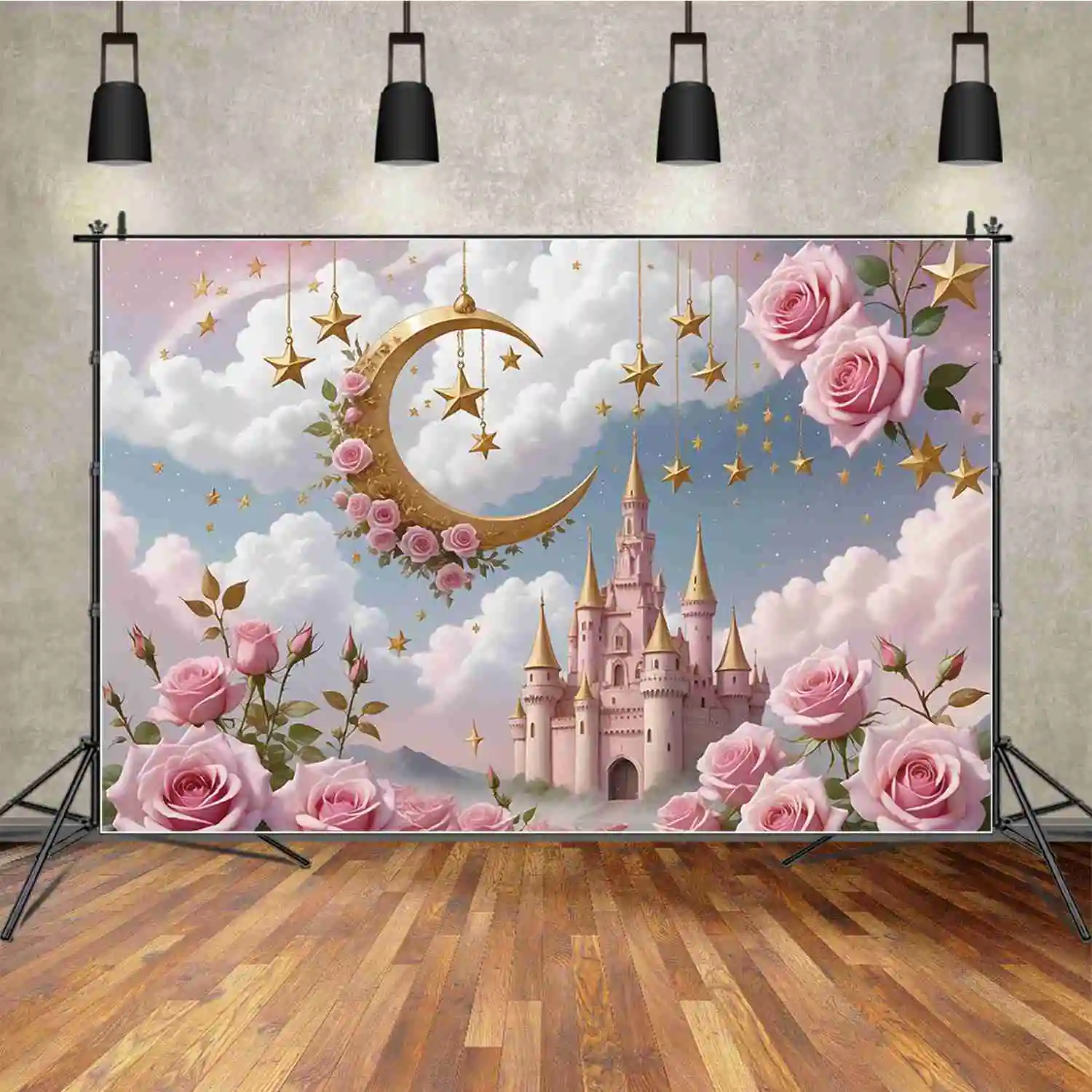 MOON.QG-Pink Rose Castle Backdrops, decoração personalizada do partido, fundo do aniversário, meninas crescente, fada estrela flores, adereços fotocall