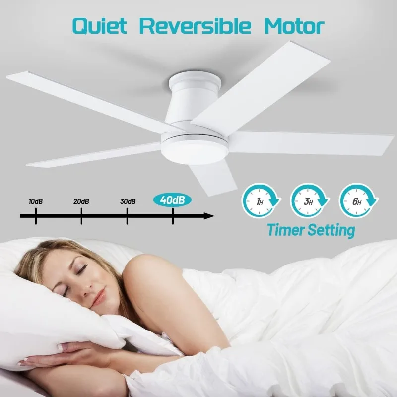 Ventilador de teto com Luz, Branco Flush Mount, reversível Motor, sincronismo, Regulável, 6 Velocidades, DC, 52"