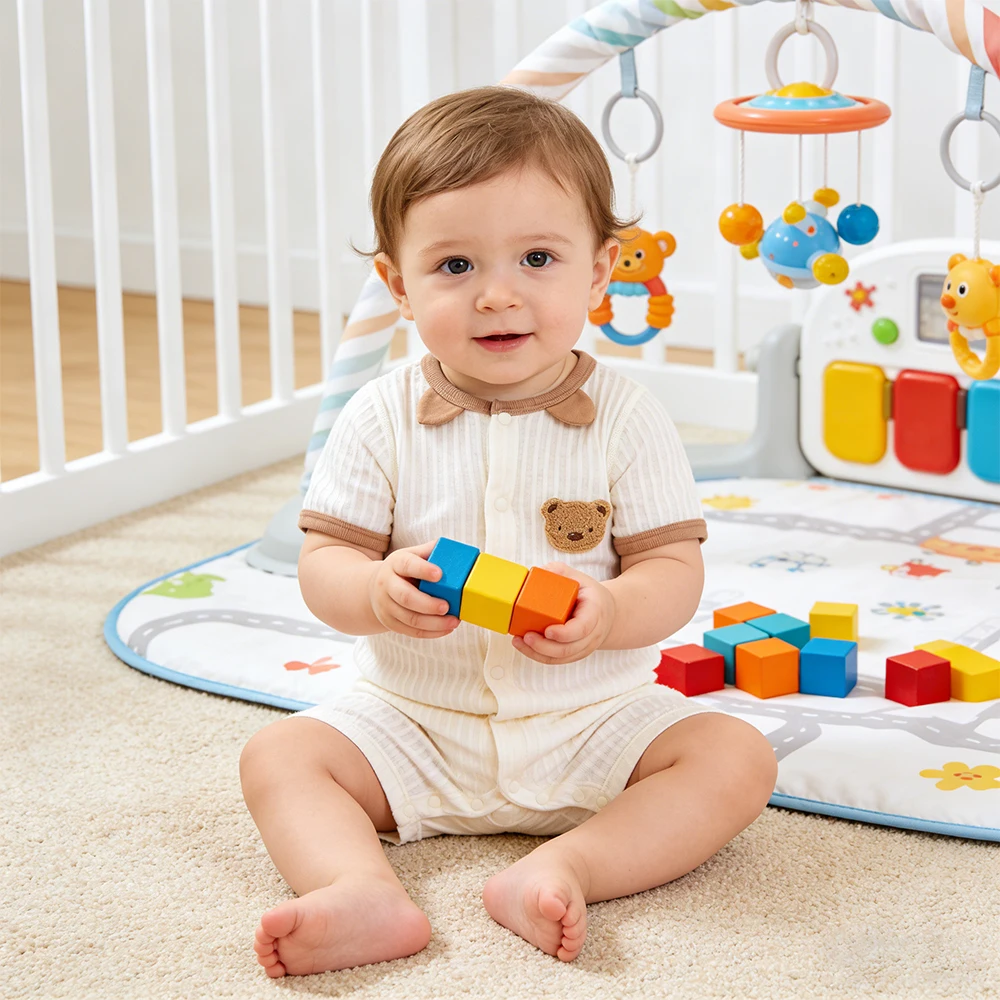 

Baby Summer Striped Bodysuit in Beige with Brown Trim, Bear Ear Collar, and Front Button-Up with 3D Bear Decoration