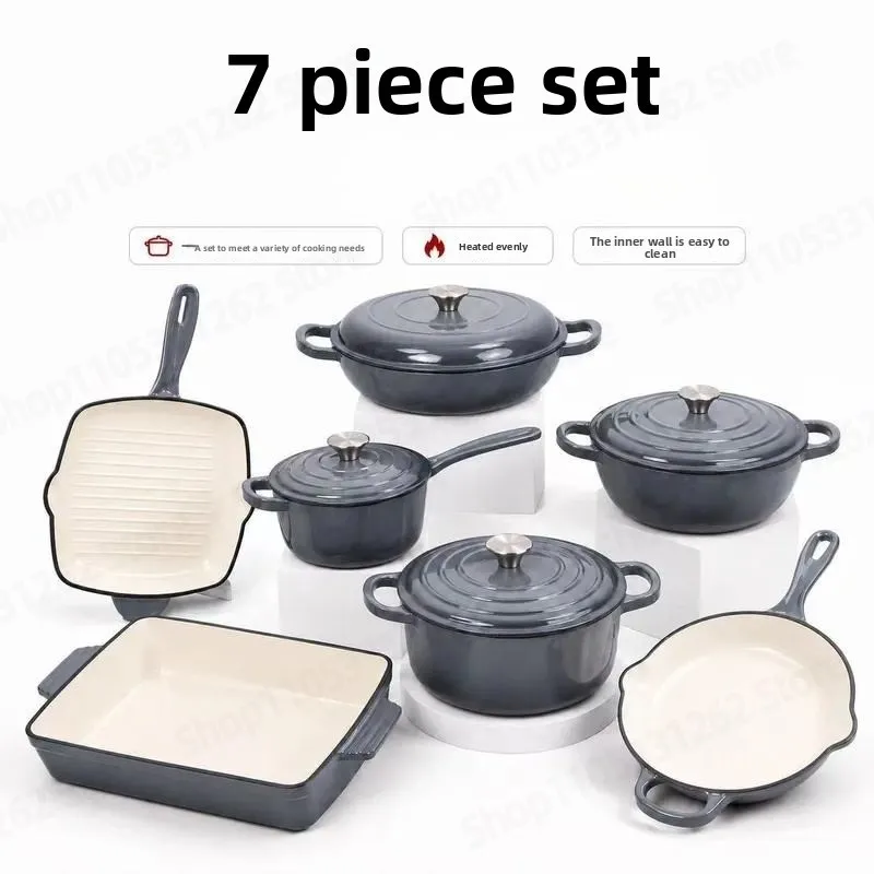 7 Piece Enameled Cast Iron Cookware Set with Soup Pot Seafood Pot and Frying Pan
