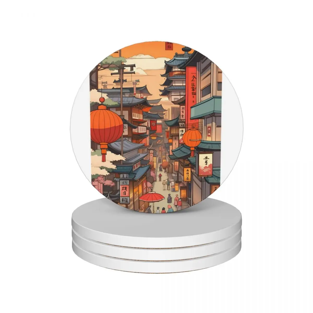 

japan town culture Ceramic Coasters (Set of 4) for coffee mugs cup set for the kitchen accessories Coasters