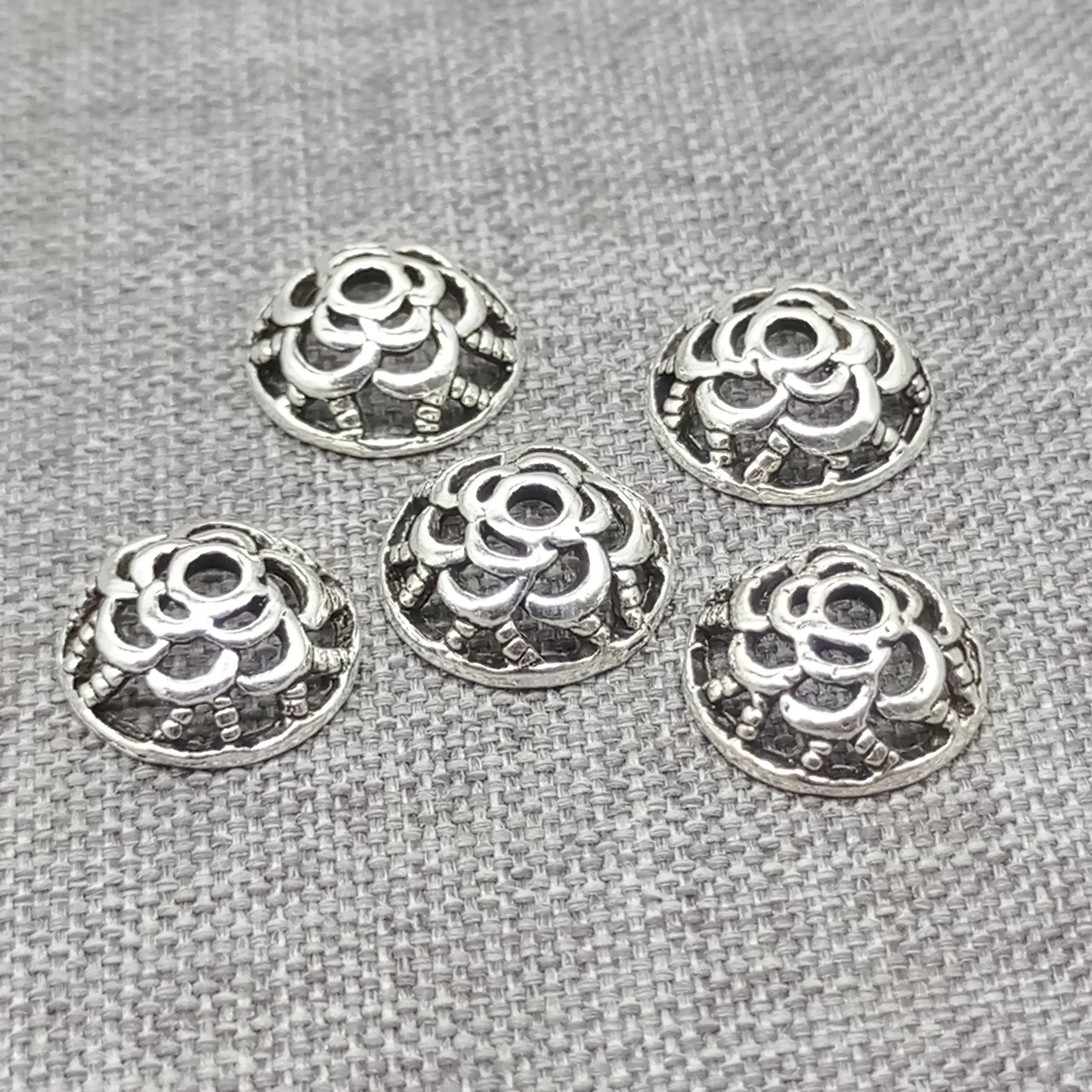 6 Pieces Rose Flower Bead Caps Bracelet Spacers 9mm in 925 Sterling Silver