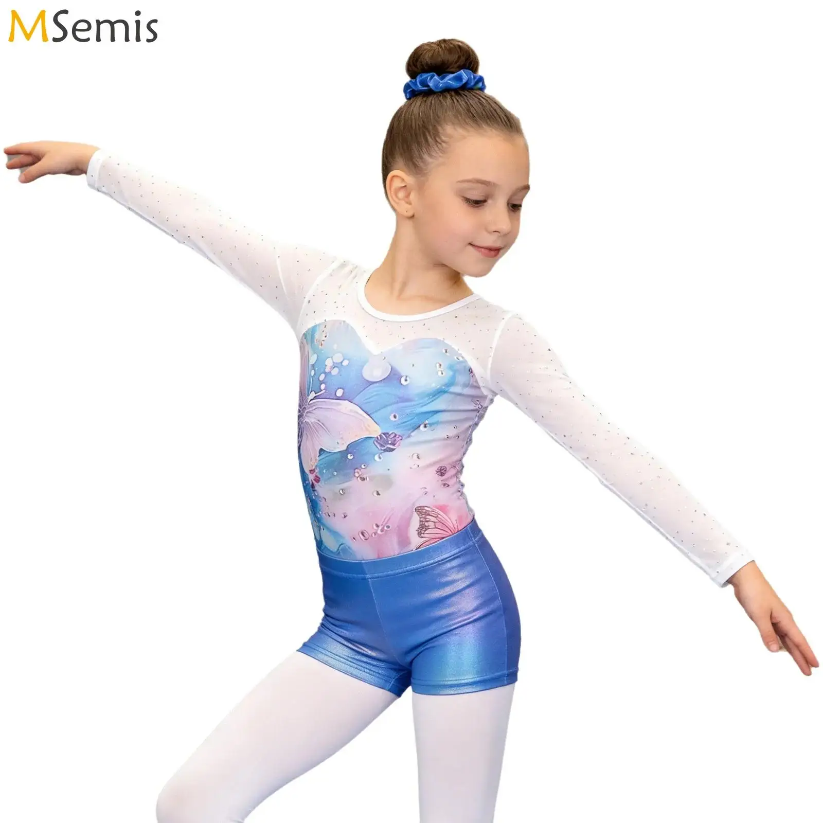 

Kids Girls Gymnastics Leotards Ballet Dance Outfit Performance Costume Long Sleeve Leotard with Metallic Shorts And Hair Band