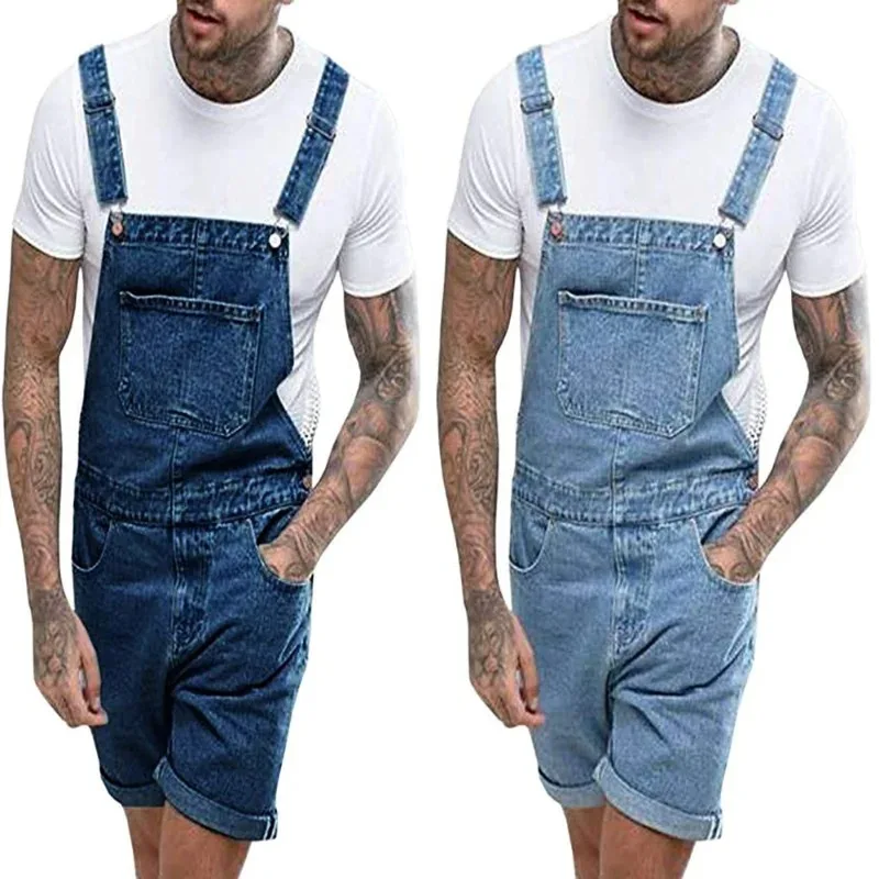 

Summer New Original Design Retro Men's Denim Hole Shorts One-Piece Overalls Suspenders Straight Pants Trousers