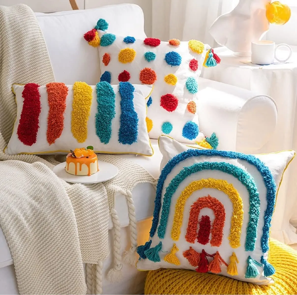 

Rainbow Tufted Decorative Pillowcase 30x50/45x45cm Boho Style Tassel colorful Cushion Cover For Living Room Sofa Home Decor