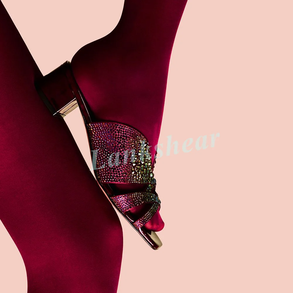 Burgundy Crocodile Embossed Rhinestone Crisscross Mules Sandals For Women  Square Toe Block Chunky Heel Slip‑On Luxury Footwear
