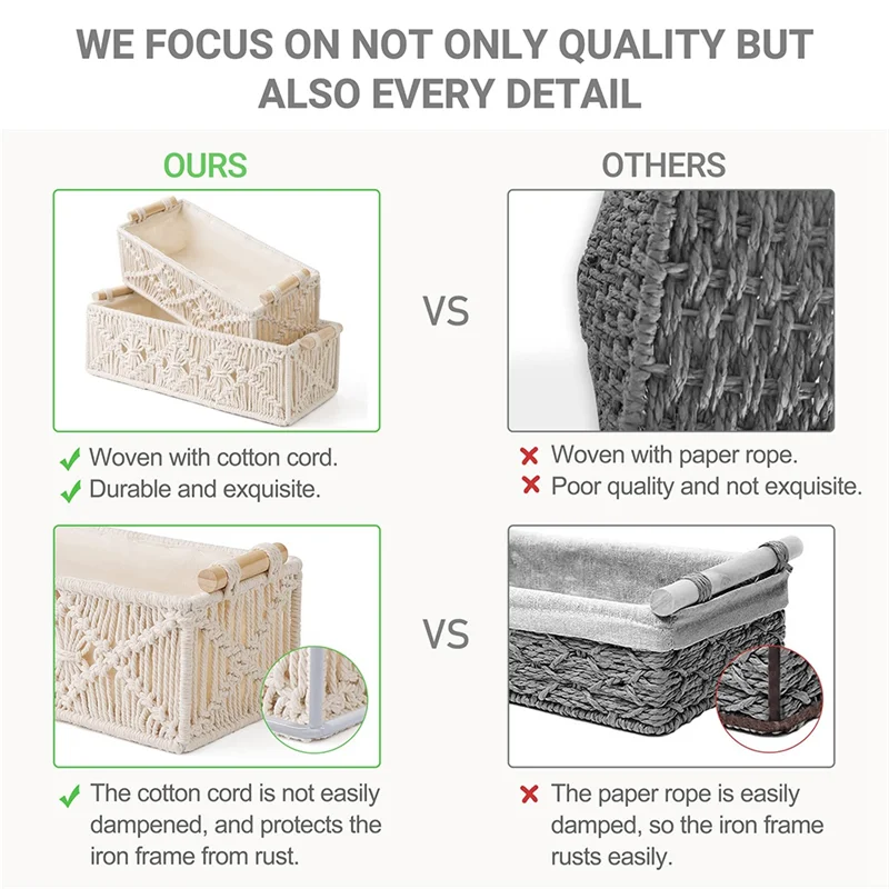 

A84E-Macrame Storage Baskets Boho Decor Box Handmade Woven Countertop Toilet Tank Shelf Cabinet Organizer, Set Of 2