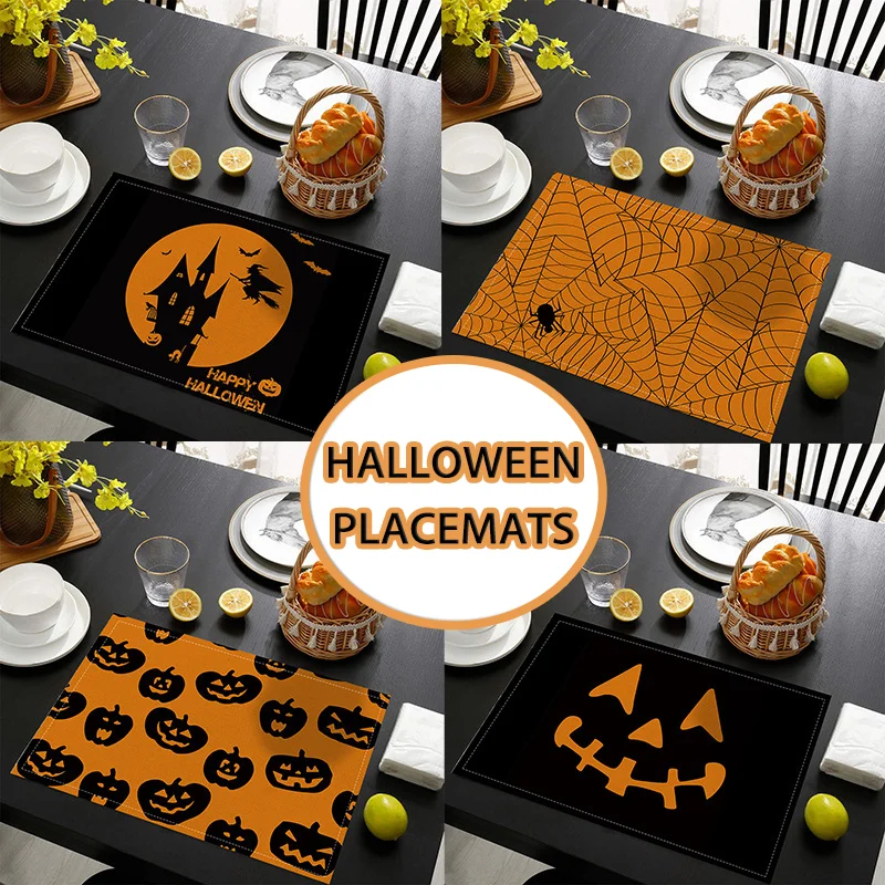 

Подставки с принтом на Хэллоуин, украшения в виде тыквы, паутины, коврики для стола, домашние салфетки, коврики для завтрака, коврик для стола на Хэллоуин, декор комнаты