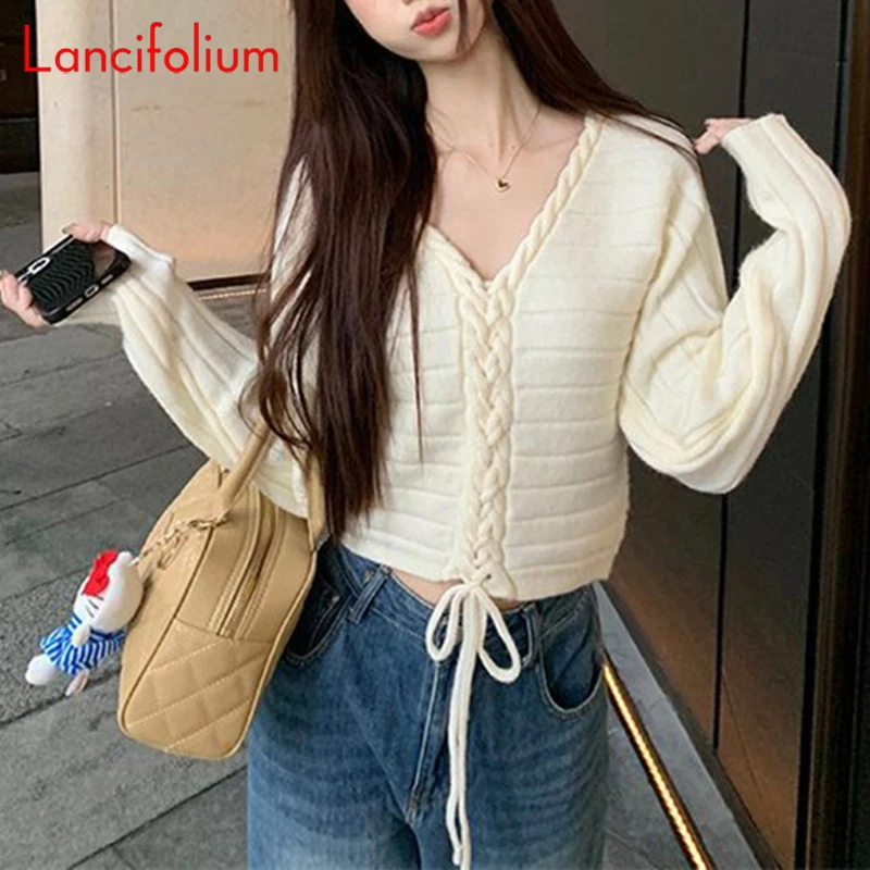 Fall Winter Sweet Elegant Chic Crochet Knitted Sweater White Crop Top Vneck Long Sleeve Striped Bandage Loose Sweater Women 2024