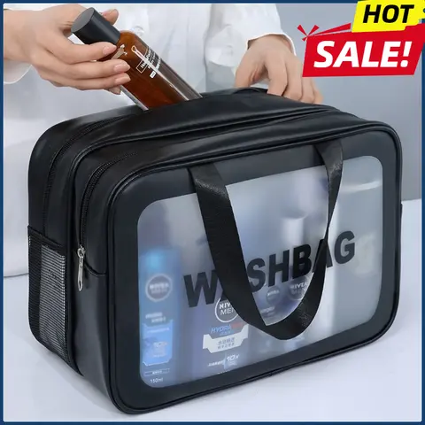 Bolsa de maquillaje de PU transparente doble con separación de seco y húmedo, bolsa de lavado portátil, bolsa de almacenamiento de cosméticos, artículos esenciales para viajes, fitness y natación