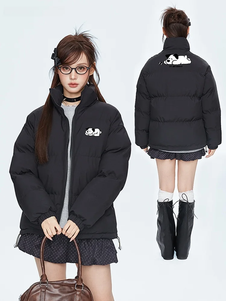 

Couple's Thiened Winter Cotton Jaet Stand Collar Men's Women's Cute Little Dog Design Commuter Korean Sle Loose Fit