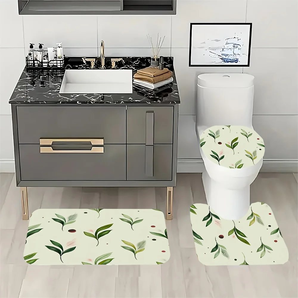 4pc A refreshing green leaf patterned bathroom set, including a shower curtain, non-slip mat, toilet seat cover and U-shaped rug
