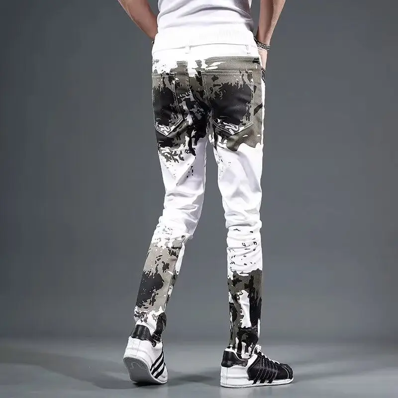 Pantalones vaqueros para hombre, pantalones blancos ajustados, pantalones vaqueros ajustados para hombre, pantalones ajustados de diseñador apilados, estilo callejero japonés, gótico estético