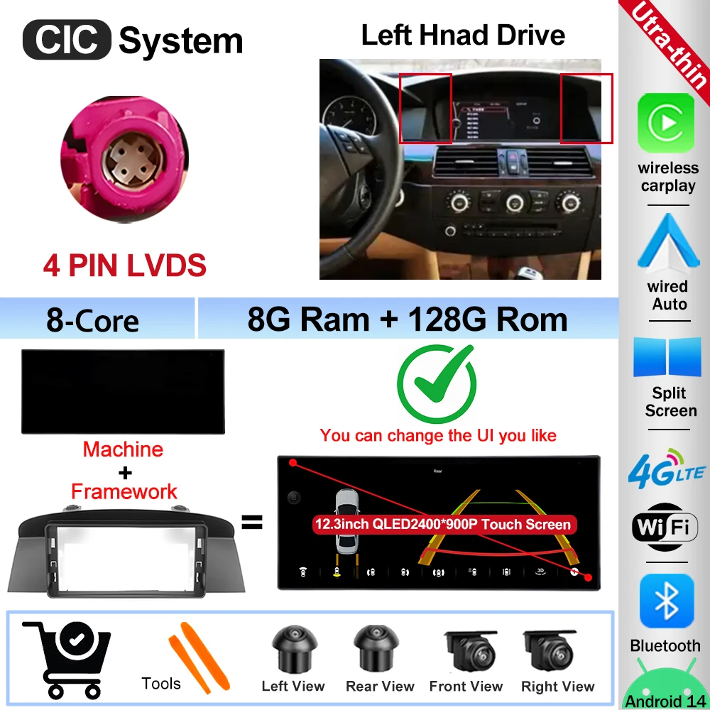 12.3" Ultra-thin Screen Android 16 BT for BMW 5 Series E60 E61 E62 2004-2008 CIC CCC System 4G Car Radio Video Multimedia Player image 3