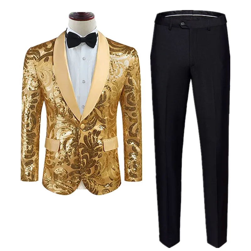 (Jacket + Pant) Fashion Men Sequin Suit Gold / Green Men\'s Luxurious Wedding Dance Party Stage Perform Dress Male Blazer Trouser