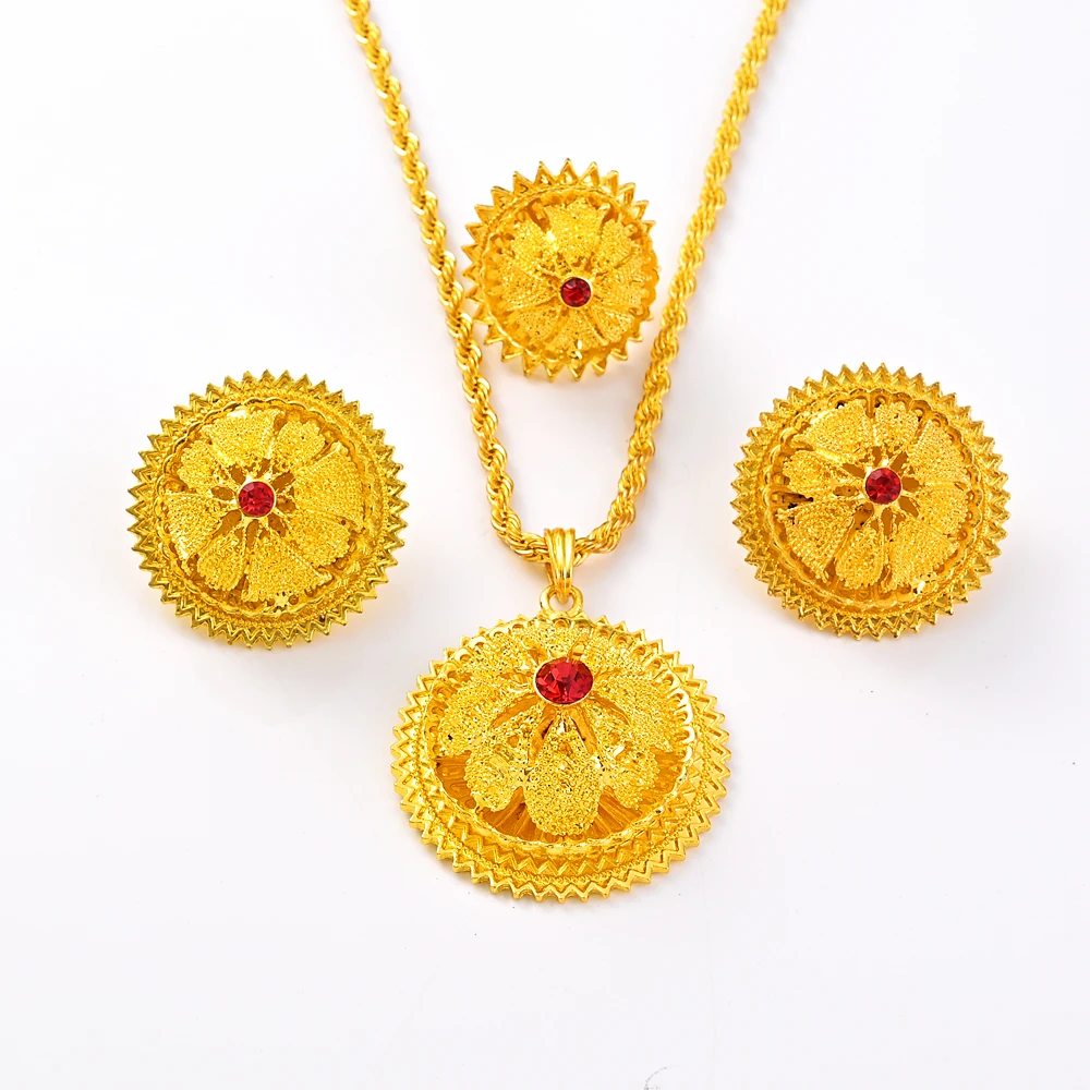 Ethiopian Red CZ Round Fower Pendant Earrings Jewelry Sets Gold Color African Wedding Bridal  Women Habesha Party Gifts