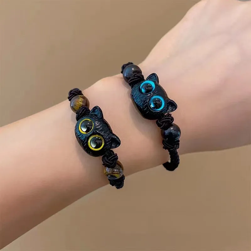Cute Cat Couple Bracelet Imitation Wood Crystal Braided Children Bracelet Fashion Jewelry Trendy Accessories image 2