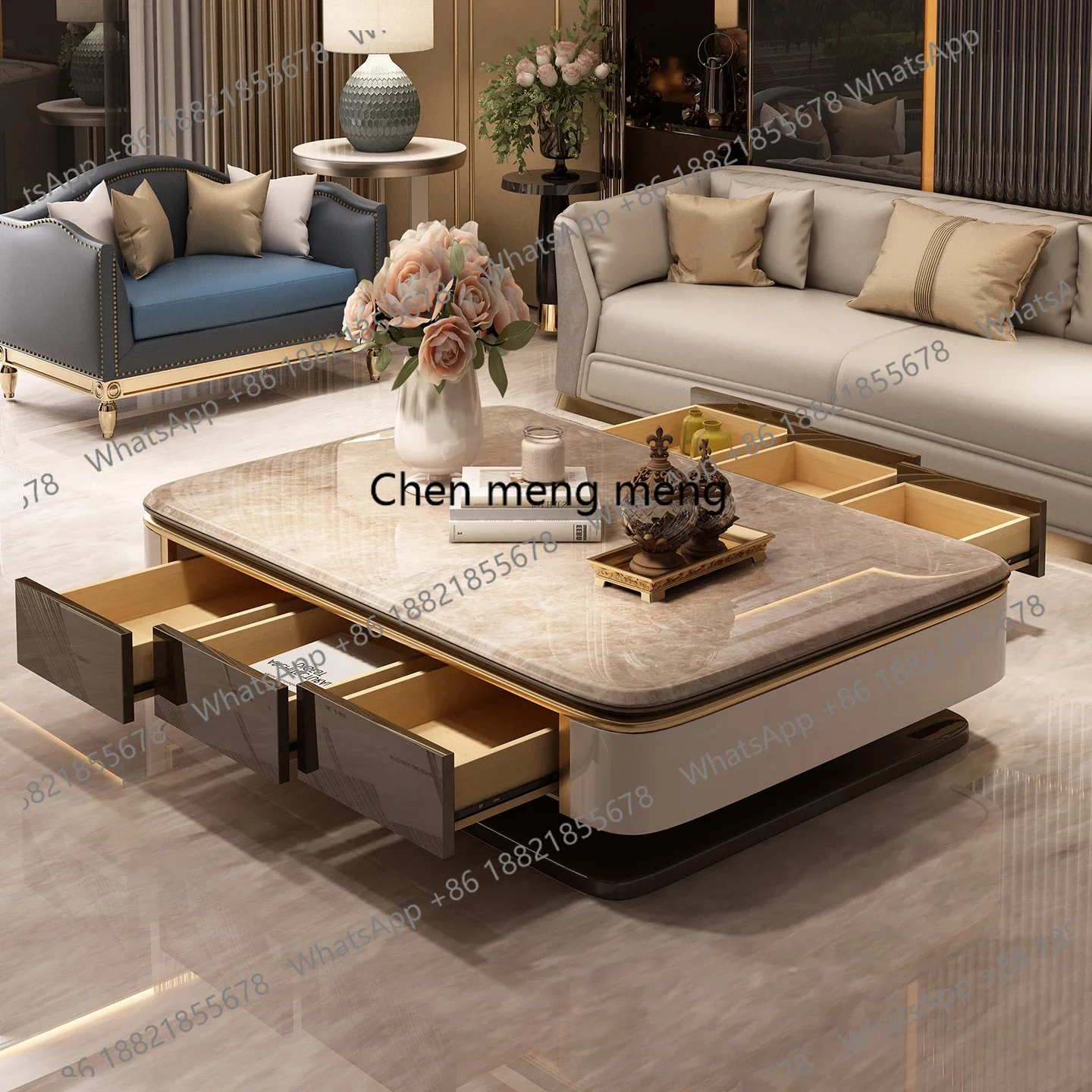 D178 High-end marble coffee table, light luxury villa, living room, home heightened solid wood luxury stone coffee table