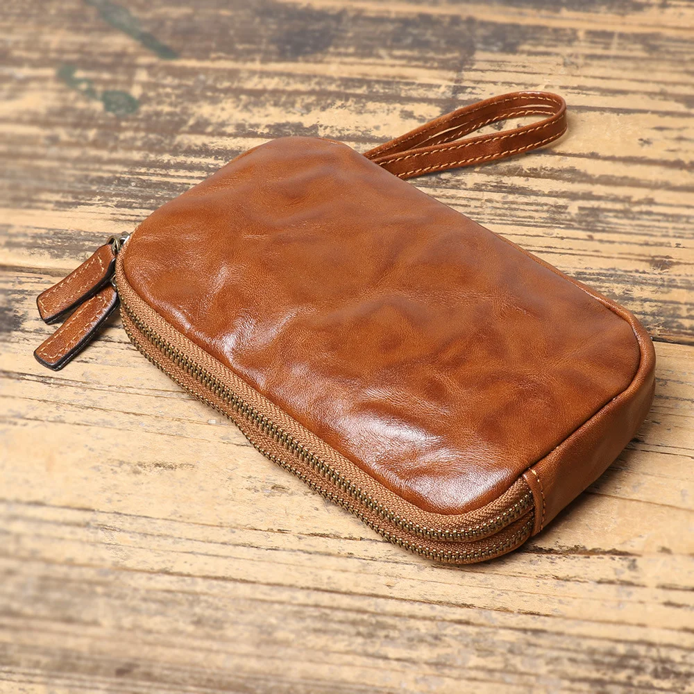 luokir Genuine Leather Men's Clutch Bag Vintage Textured Coin Purse First-Layer Cowhide, Large Capacity Mobile Phone Bag